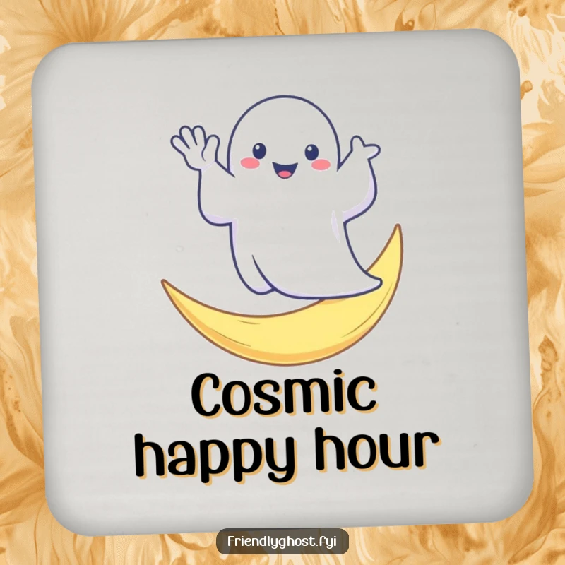 Funny coaster with a cute ghost waving from a crescent moon, protecting surfaces with a dose of spooky humor.