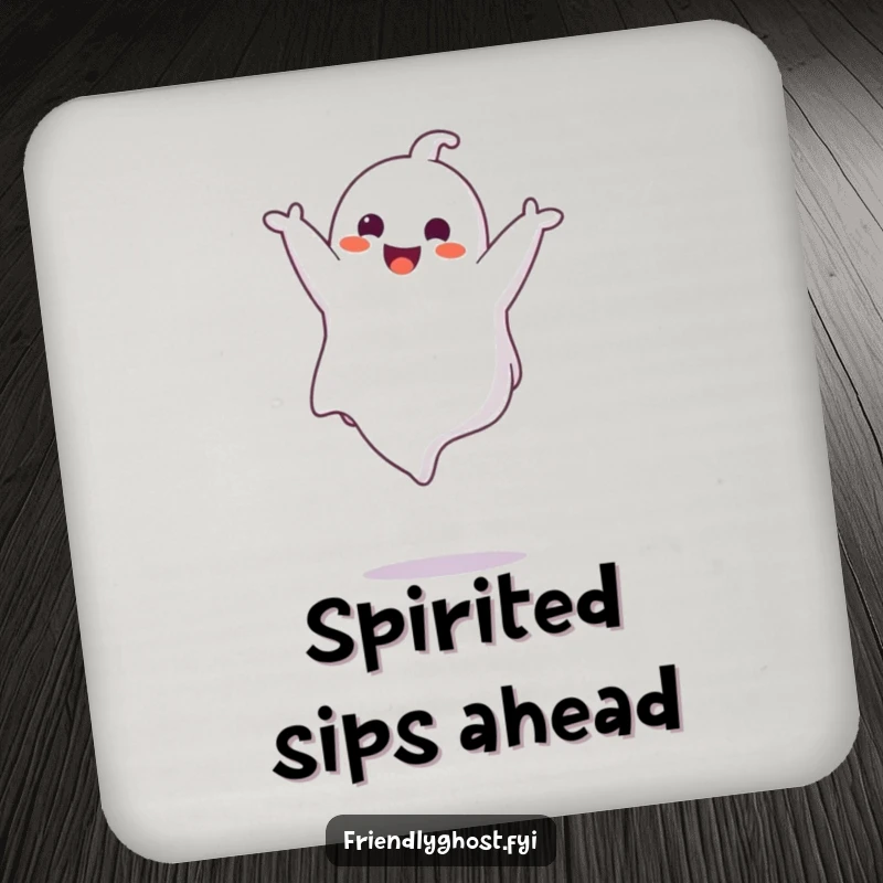 Funny ghost character doing a somersault on a drink coaster, providing surface protection with a touch of spectral silliness.