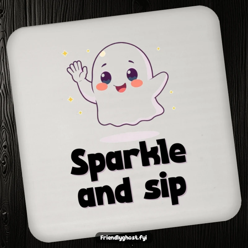Funny ghost drink coaster featuring a waving character leaving a trail of sparkling dust, adding humor to table protection.