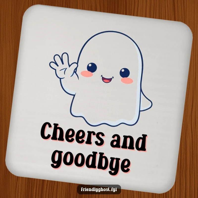 Funny ghost coaster featuring a happy ghost giving a gentle, friendly wave goodbye, protecting surfaces with cute humor.