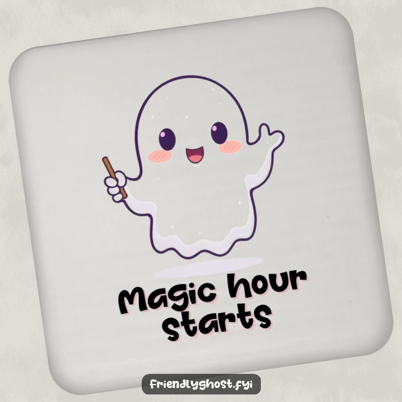 Funny coaster featuring a translucent ghost happily waving a tiny, glowing wand, protecting surfaces with magical charm.