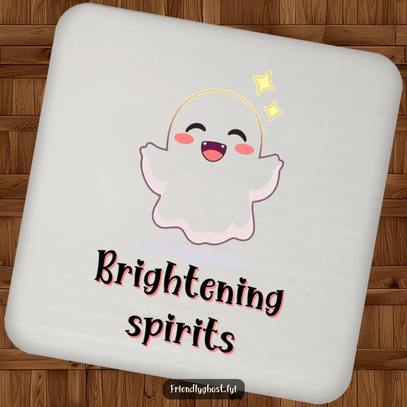 Funny coaster featuring a joyful ghost character offering a bright, sparkling light, protecting surfaces with warm intentions.