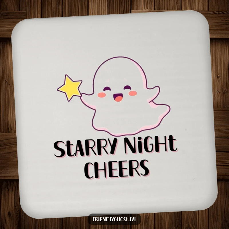 Funny ghost drink coaster with a ghost character joyfully chasing a sparkling star, providing whimsical protection.