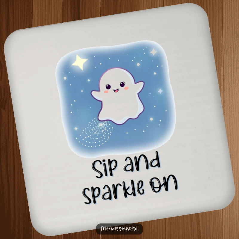 Funny drink coaster showing a gentle ghost leaving a sparkling path through the night sky, adding whimsical protection.