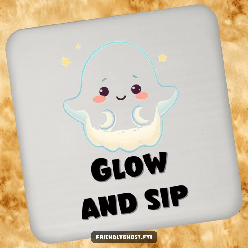 Funny coaster depicting a ghost character emitting a warm, comforting glow with a gentle expression, capturing peace and providing humorous protection.