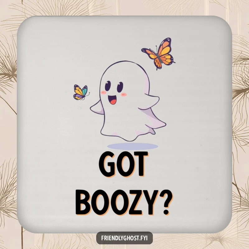 Funny ghost drink coaster featuring a playful ghost chasing a butterfly, protecting tables with a humorous and cute design.