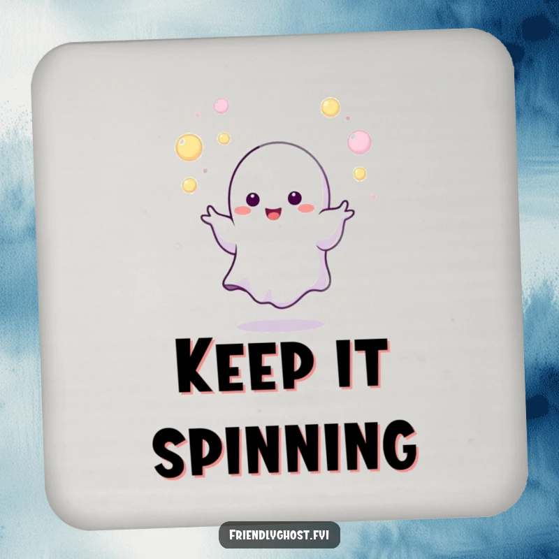 Funny juggling ghost drink coasters with a tiny character expertly juggling tiny, glowing orbs, a humorous and protective table accessory gift.