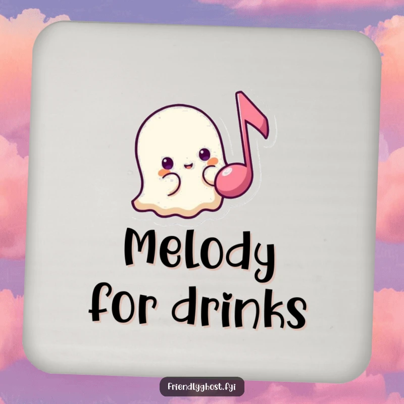 Funny shy ghost music coaster featuring a timid ghost peeking from behind a floating music note, perfect for gentle table protection and gifts.