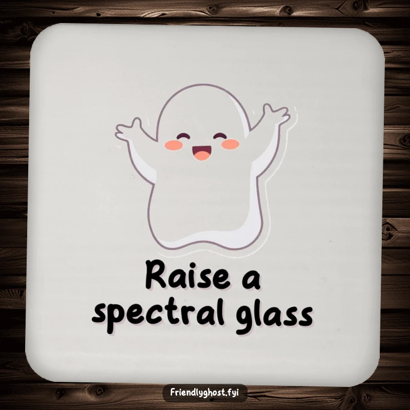 Funny drink coaster designed with a giggling ghost character in a funny silly dance pose, offering both protection and a spectral chuckle.