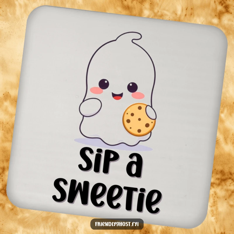 Funny ghost character drink coaster, smiling and sharing a tiny cookie, a cute and functional addition to any table.
