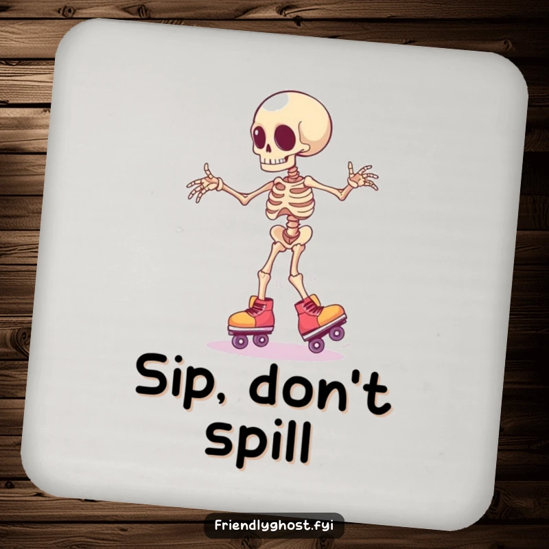 Funny clumsy skeleton limb wearing tiny roller skates, wobbling precariously, a humorous and protective drink coaster.