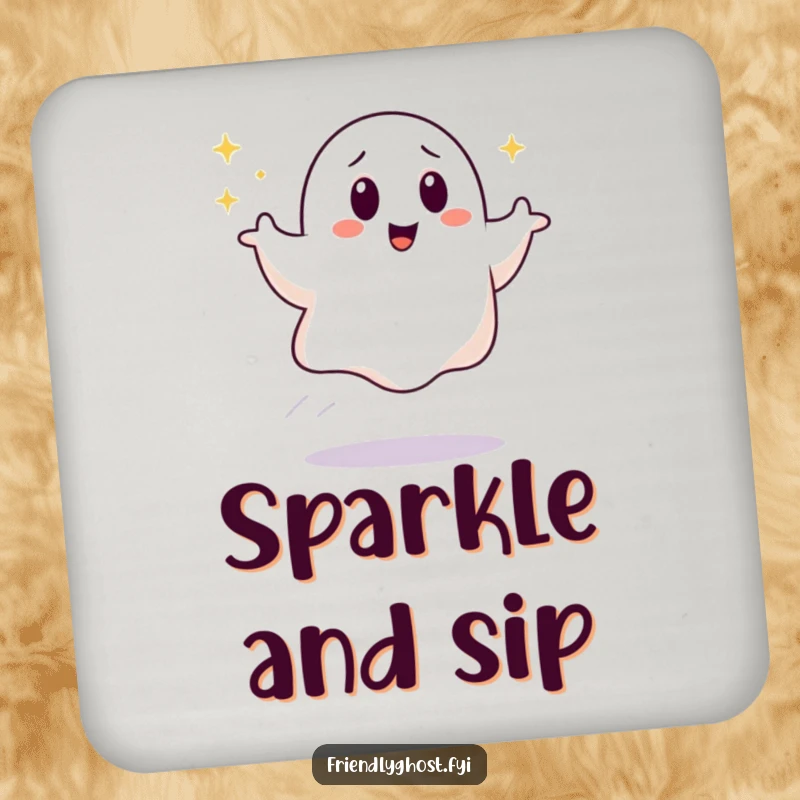 Funny Bouncing Ghost Coaster: A giggling ghost leaves a sparkling trail on this fun coaster. A functional and funny gift for ghost lovers.