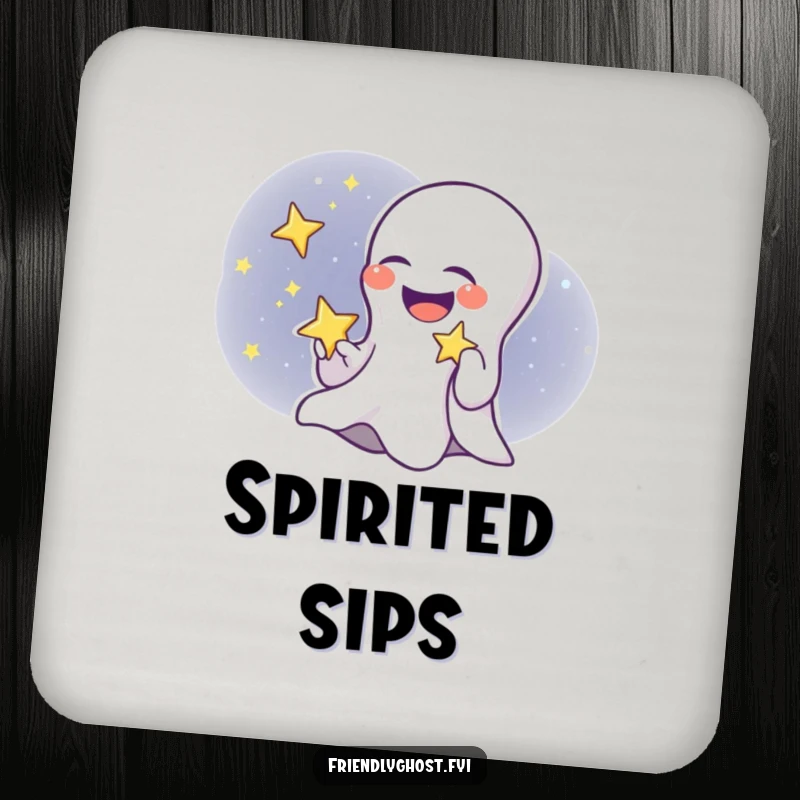 Funny ghost child coaster featuring a giggling ghost holding a twinkling star, protecting surfaces with cute ghost humor.