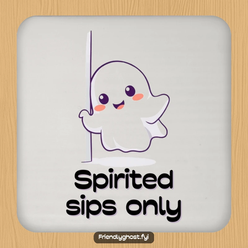 Funny ghost coaster, a smiling specter peeking from the edge, protecting surfaces with charm.