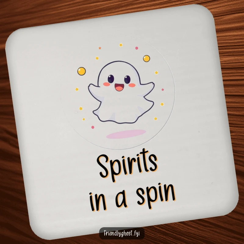 Funny drink coaster showing a round ghost character spinning in a circle with joyful abandon, adding a fun element to any surface.