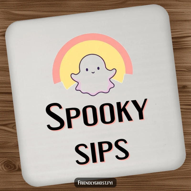 Funny drink coaster featuring a tiny ghost happily floating through a radiant rainbow, adding spectral style to beverage protection.