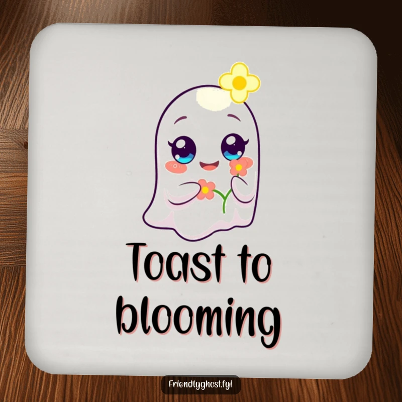 Funny Ghost Flower Bearer Coaster: A cheerful ghost happily offers a glowing flower, adding a gentle and protective touch to surfaces.