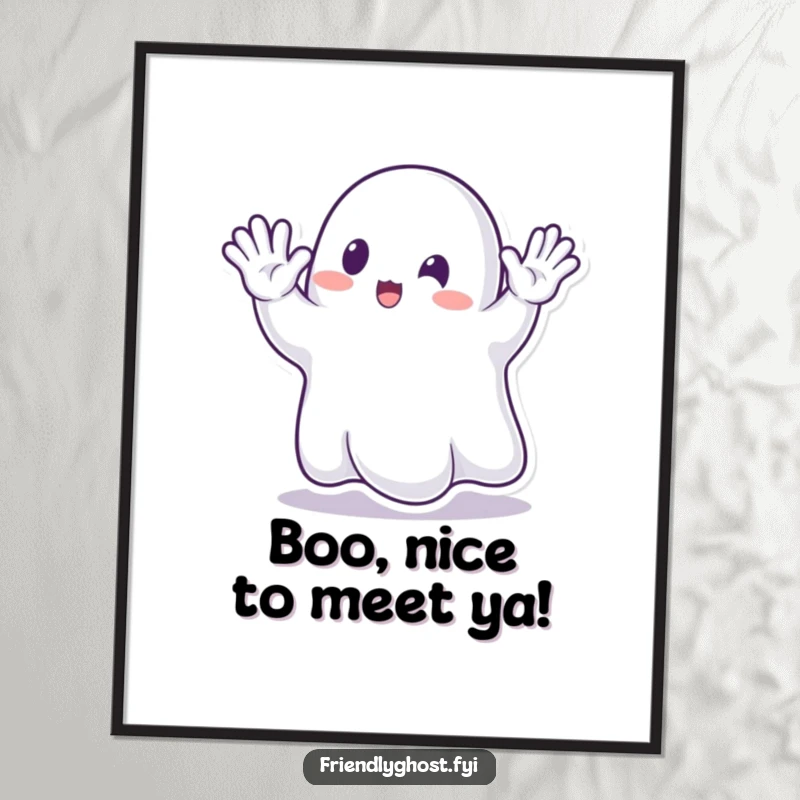 Funny Ghost Waving Poster: Enthusiastic transparent ghost waving hello, creating a piece of wall art full of cheerful humor.