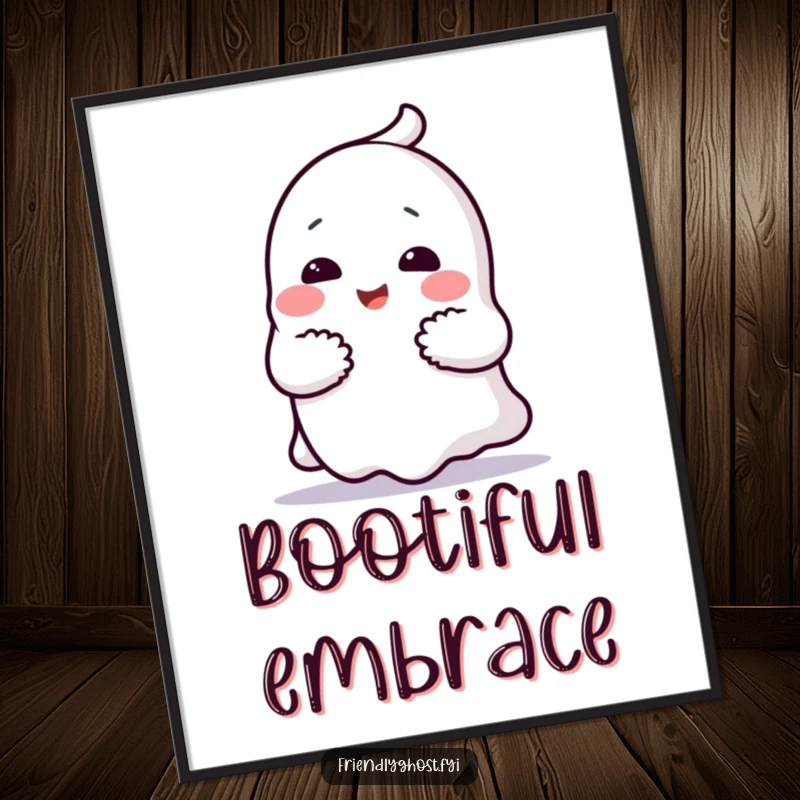 Funny ghost hug poster with a cheerful character giving a comforting hug, a humorous and heartwarming art piece gift.
