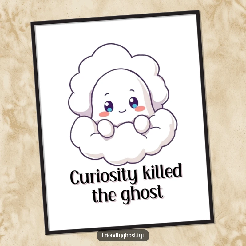 Funny Ghost Cloud Poster: A charming ghost peeking from behind a cloud, radiating curiosity and gentle humor. A wonderful funny gift for art lovers.