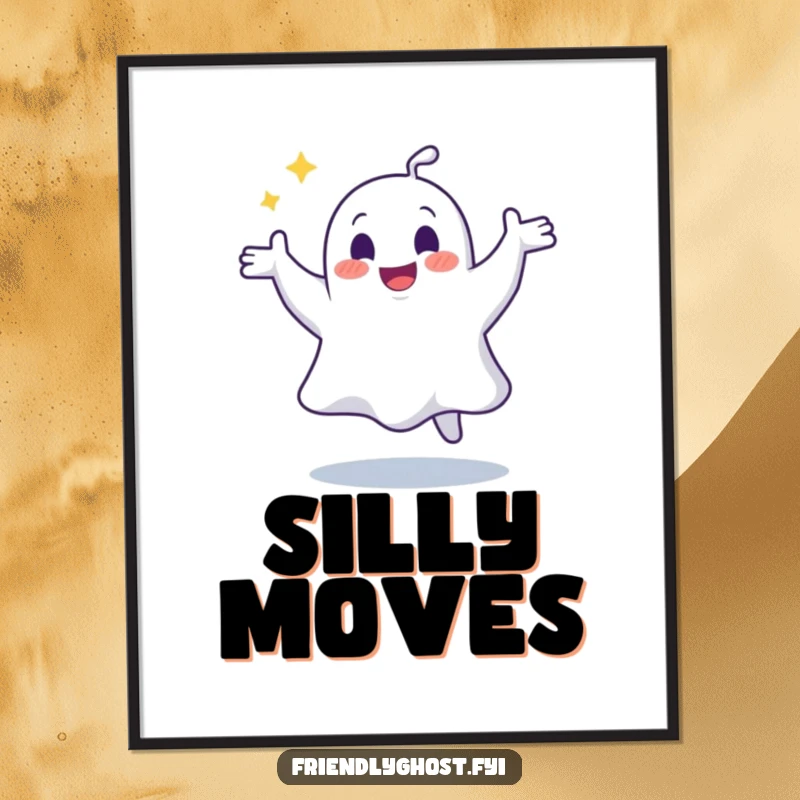 Funny poster showcasing a joyful ghost in a hilarious, wobbly dance, capturing spectral energy and fun.