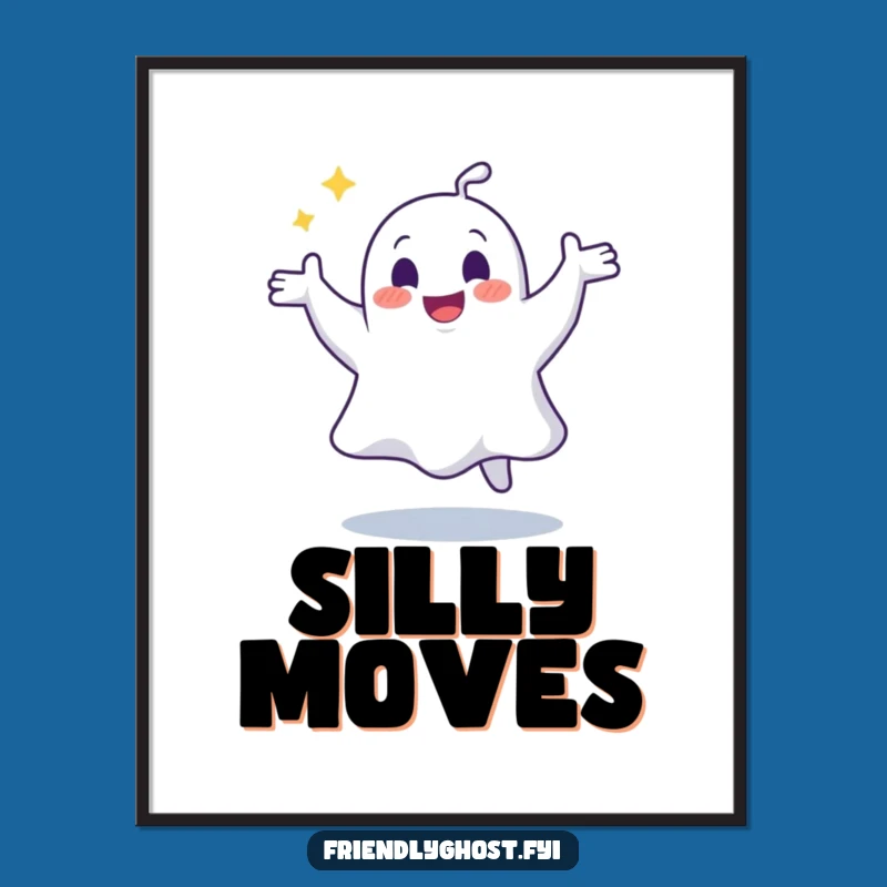 Bring a burst of spectral energy to your walls with this funny ghost poster. The joyful ghost doing a silly dance is pure visual rhythm.