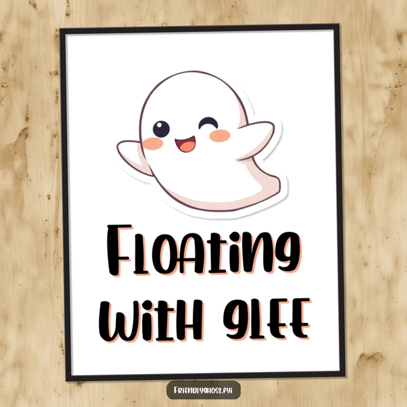 Funny poster featuring a little ghost character joyfully zipping through the air with a playful grin, adding whimsical fun.