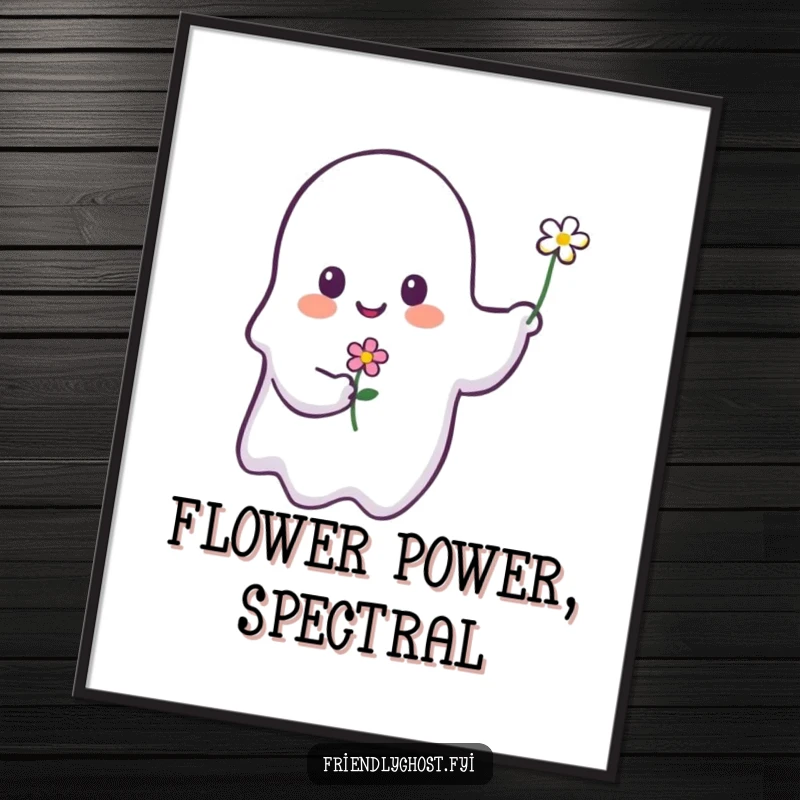 Funny ghost poster displaying a ghostly figure with a sweet smile, offering a single bloom with delicate tendrils.