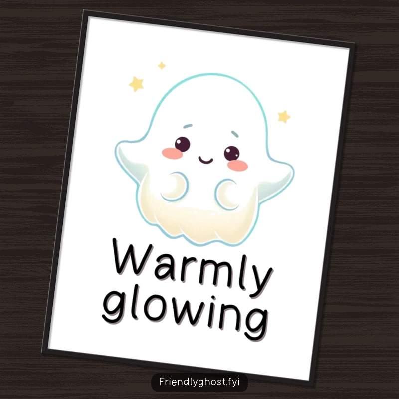 Funny poster depicting a ghost character emitting a warm, comforting glow with a gentle expression, creating a peaceful and humorous art piece.