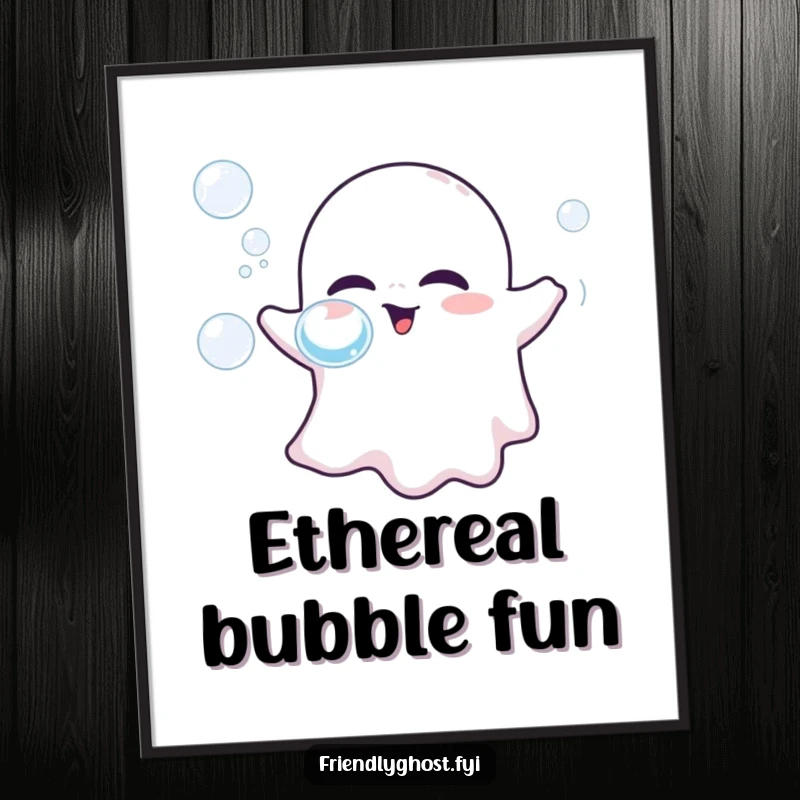 Funny poster depicting a friendly ghost blowing colorful bubbles, bringing whimsical joy and lightheartedness to any wall.