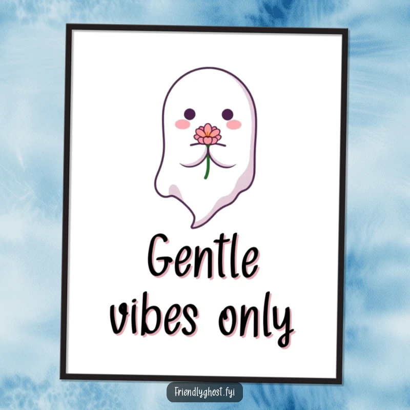 Funny Gentle Ghost Poster: A peaceful ghost floats down with a delicate blooming flower. A beautiful and funny gift for art enthusiasts.