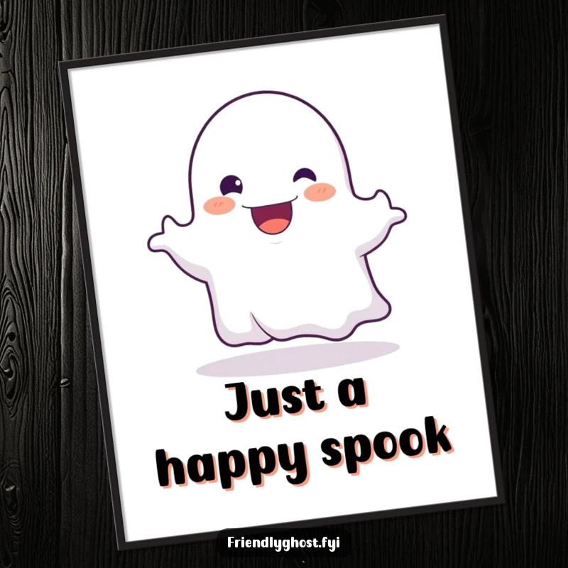Funny poster displaying a friendly ghost character playfully booing with an enormous, ecstatic, happy grin.