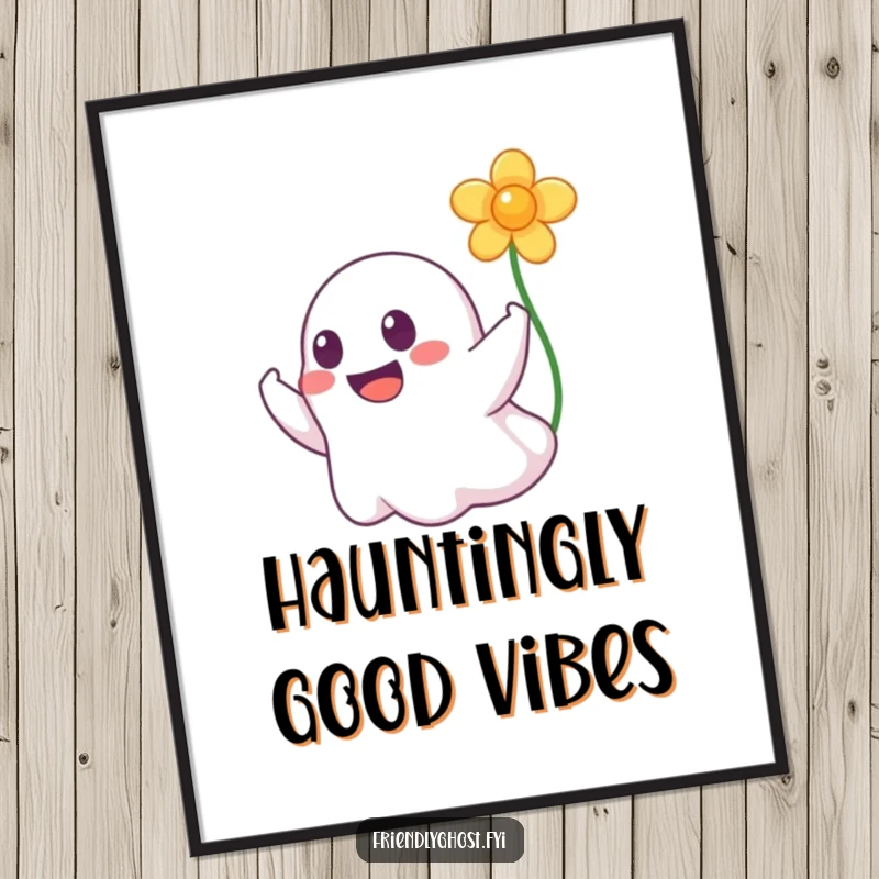 Funny poster art of a happy ghost with a wide grin gently booping a delicate floating flower, perfect for adding a playful touch.