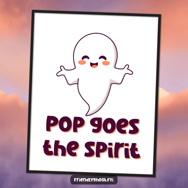 Funny ghost poster capturing a smiling ghost tenderly hugging a floating bubble, bringing whimsical serenity to wall art.