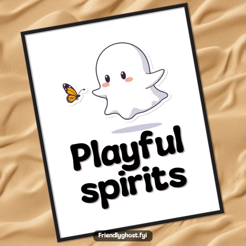Funny poster depicting a small ghost character joyfully and playfully chasing a butterfly, creating a delightful and heartwarming piece of art.