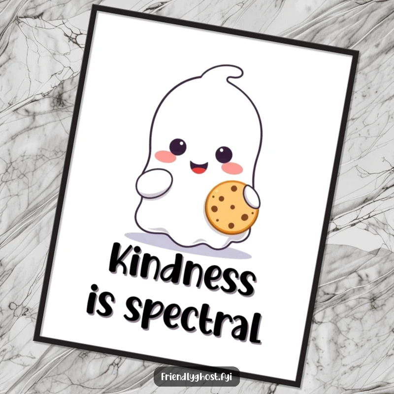 Funny ghost character poster, smiling and sharing a tiny cookie, a heartwarming depiction of kindness and cuteness.