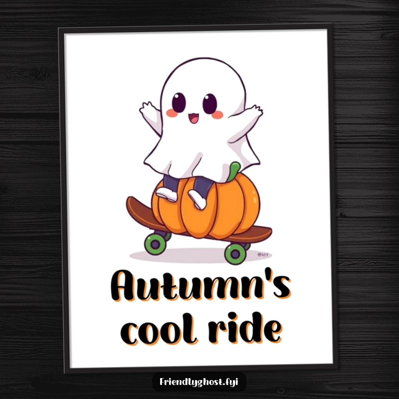 Funny ghost poster depicting a ghost skillfully skateboarding on a pumpkin, capturing a moment of thrilling Halloween fun.