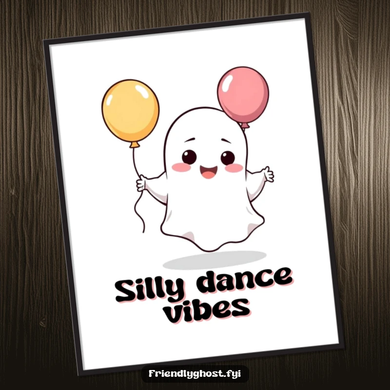 Funny giggling ghost poster print of a silly character doing a dance with a colorful balloon.