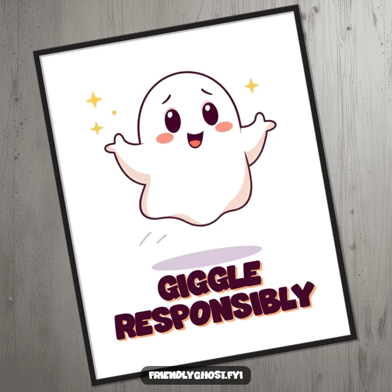 Funny Giggling Ghost Poster: A joyous ghost bounces with a shimmering trail, giggling. A fantastic funny gift for adding sparkle to any wall.