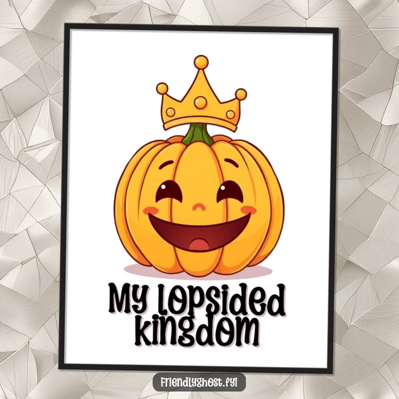 Funny surprised pumpkin with a playful grin and a lopsided crown, a humorous and festive wall poster.