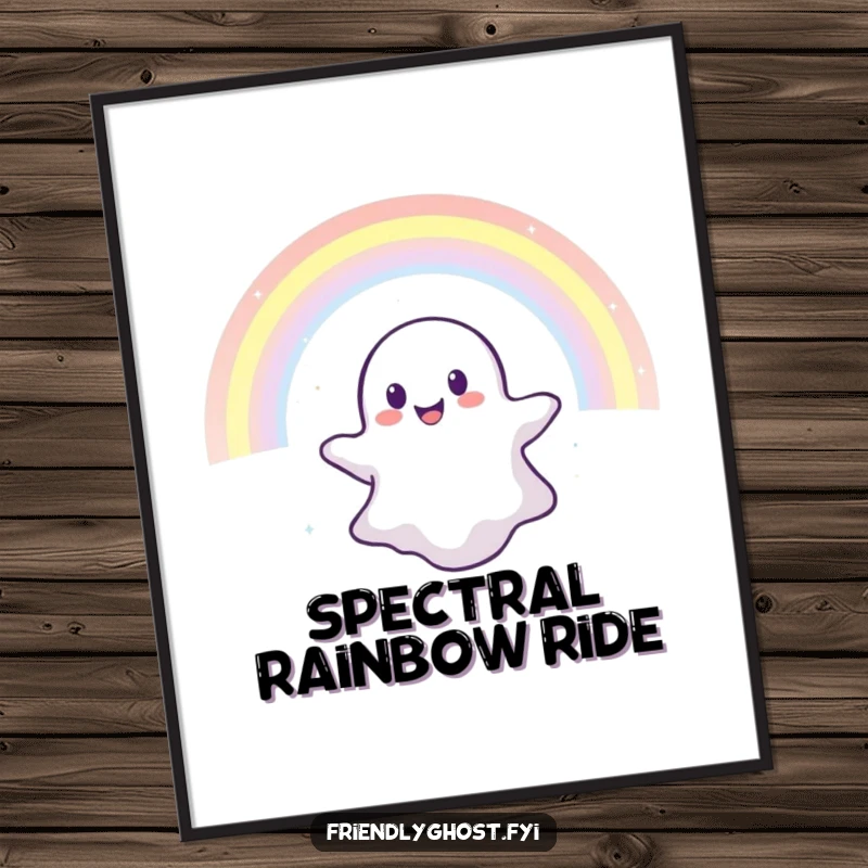 Funny poster depicting a joyful ghost floating through a vibrant, shimmering rainbow, bringing magical wonder to any wall.
