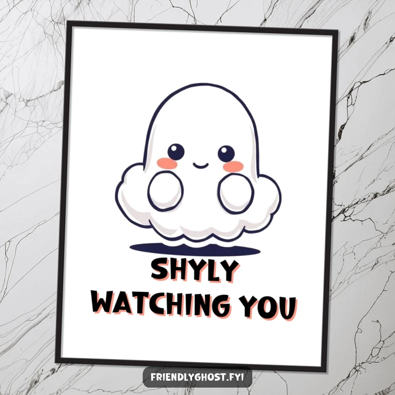 Funny poster displaying a shy ghost character peeking from behind a small, serene, smiling cloud.