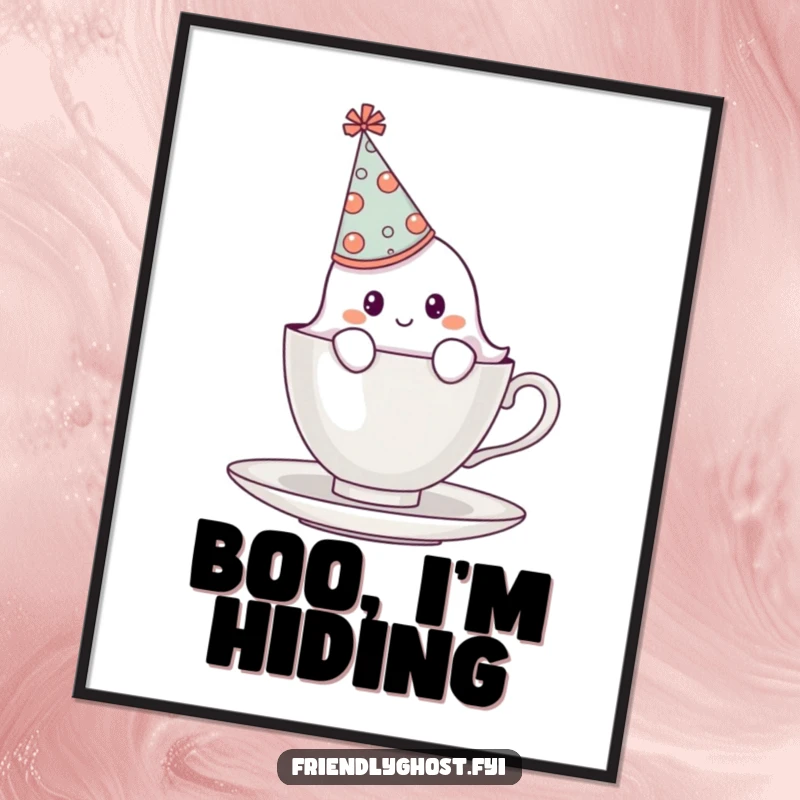 Funny shy ghost in a tiny party hat peeking from behind a teacup, whimsical and humorous poster art.