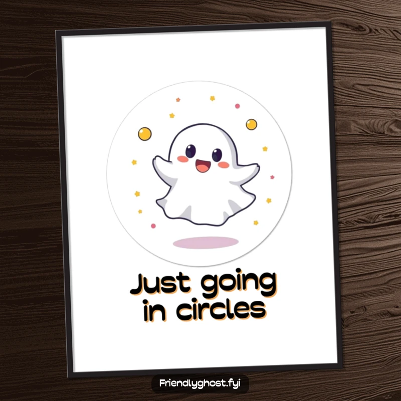 Funny poster art showing a round ghost character spinning in a circle with joyful abandon, radiating pure happiness and energy.