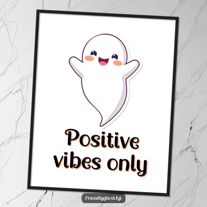 Funny upside down ghost poster art of a smiling, happy ghost floating inverted, ideal for quirky wall decor and funny gift ideas.