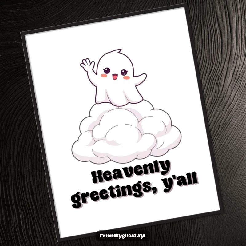 Funny poster art featuring a friendly ghost waving hello from atop a pile of soft, fluffy clouds, creating a peaceful, joyful atmosphere.