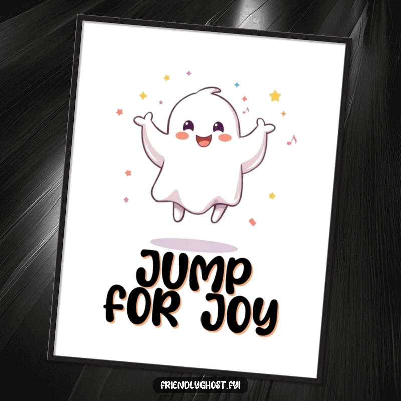 Funny poster capturing a smiling ghost mid-jump, exuberantly tossing confetti, embodying spectral joy and festive celebration.