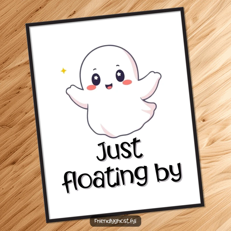 Funny ghost poster capturing a happy ghost with sparkling eyes, gracefully riding a gentle breeze, adding whimsical charm.