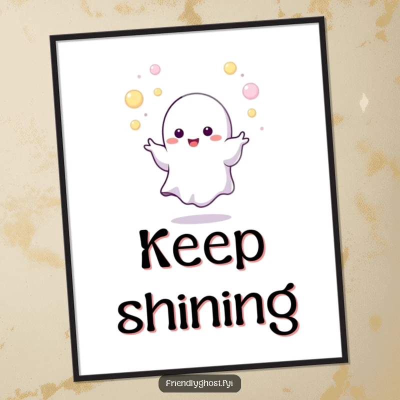 Funny juggling ghost poster with a tiny character expertly juggling tiny, glowing orbs, a humorous and energetic art piece gift.