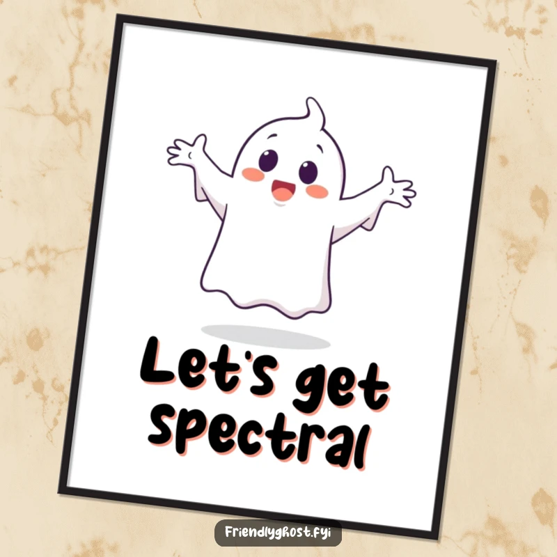 Funny ghost character poster, joyfully performing a silly dance with arms outstretched in a happy, energetic display.
